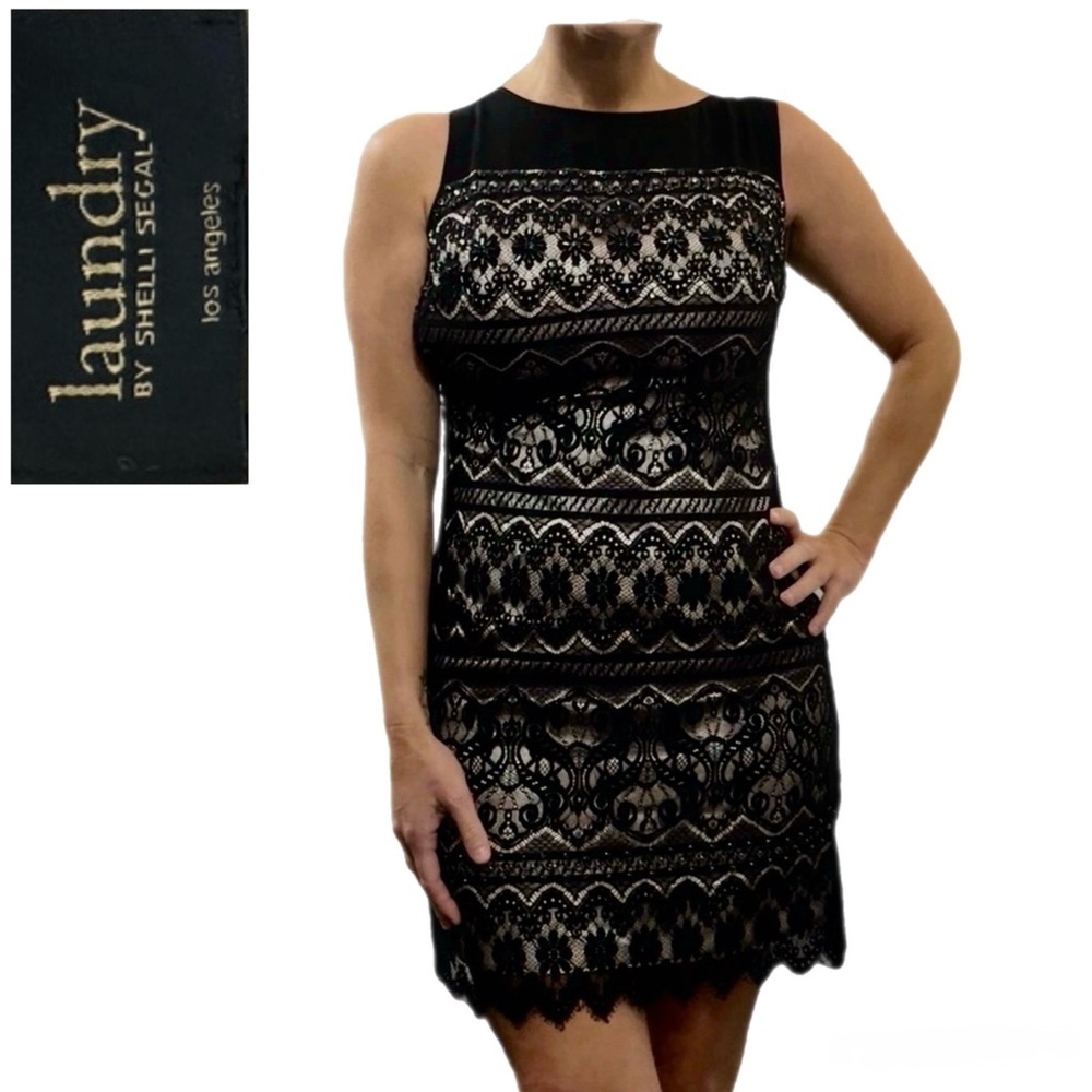Laundry by Shelli Segal Black Lace Beaded Mini Dress Size 2 | Party Prom Holiday